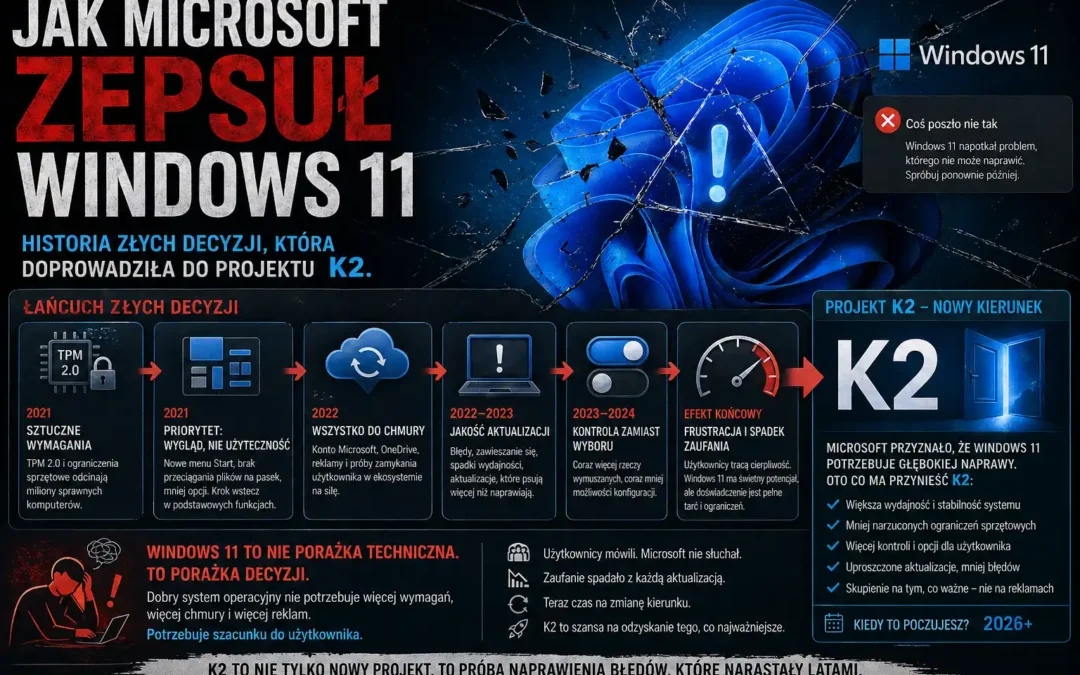 Jak Microsoft zepsuł Windows 11. Historia złych decyzji która doprowadziła do projektu K2