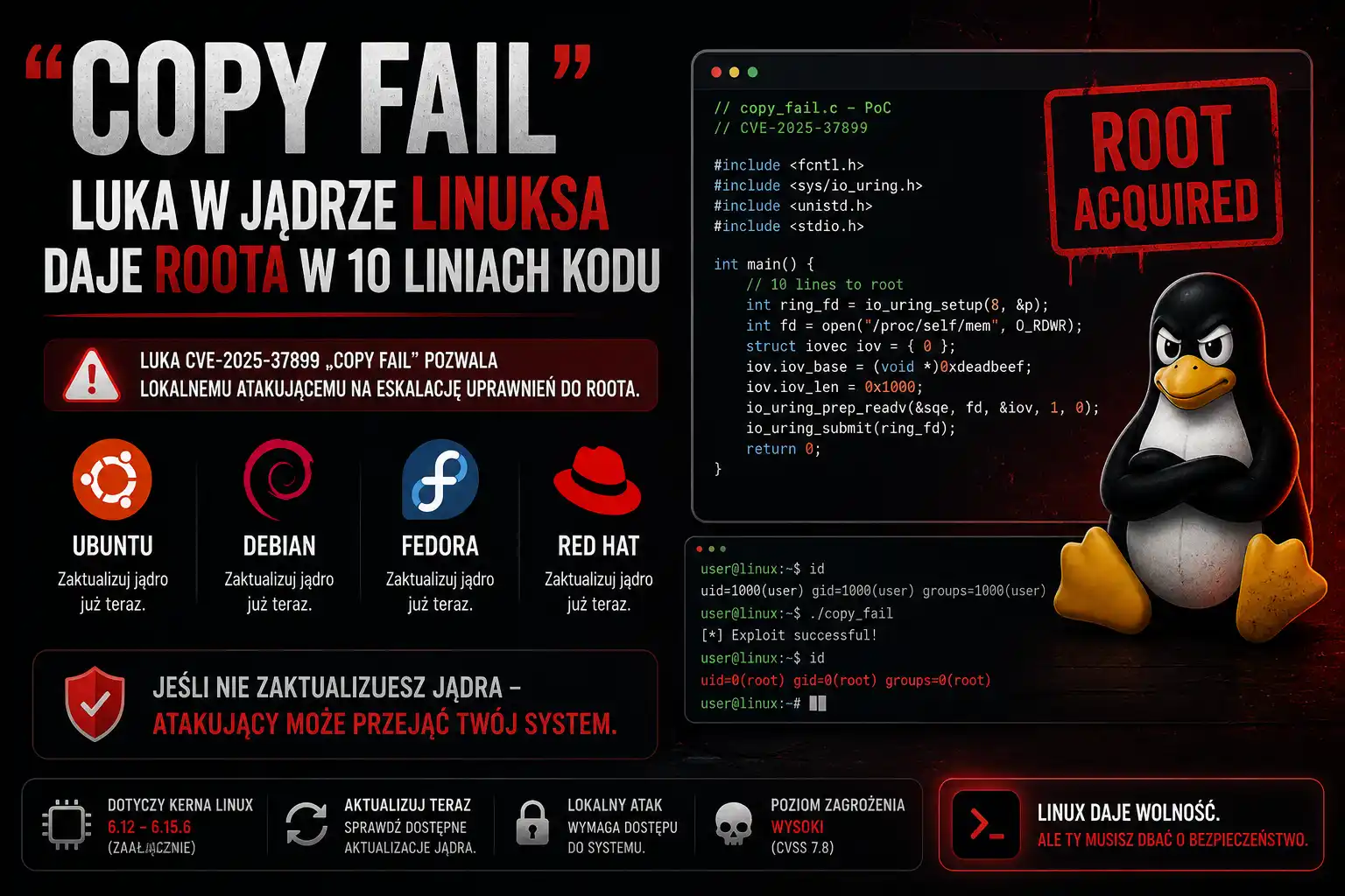 "Copy Fail" — luka w jądrze Linuksa daje roota w 10 liniach kodu. Ubuntu, Debian, Fedora, Red Hat — jeśli używasz Linuksa, zaktualizuj jądro teraz.