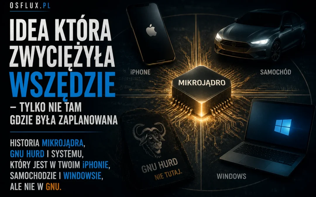 W 1992 roku Andrew Tanenbaum — profesor informatyki z Amsterdamu, twórca systemu MINIX — napisał na grupie Usenet zdanie które przeszło do historii: "Linux jest przestarzały". Jego argument był techniczny i brzmiał przekonująco: Linus Torvalds budował monolityczne jądro w stylu lat 70., podczas gdy cały postęp badań nad systemami operacyjnymi zmierzał w kierunku mikrojądra. Tanenbaum miał rację co do architektury. Mylił się co do wszystkiego innego. Ta debata — znana dziś jako Tanenbaum-Torvalds debate — była tak naprawdę starciem dwóch wizji przyszłości systemów operacyjnych. Wizja mikrojądra była elegancka, teoretycznie lepsza i poparta dekadą badań akademickich. Wizja monolitu była pragmatyczna, szybka i działała teraz, nie za kilka lat. Trzydzieści lat później mikrojądro wygrało — tylko nie w miejscu gdzie miało wygrać. Jest w każdym iPhonie, w każdym nowym samochodzie, w sercu Windows NT. Jest wszędzie. Tylko nie w GNU, gdzie zostało zaplanowane. Carnegie Mellon i pomysł który zmienił wszystko Żeby zrozumieć GNU Hurd, trzeba najpierw zrozumieć czym jest mikrokernel i dlaczego w latach 80. wszyscy poważni badacze systemów operacyjnych uważali że to jest przyszłość. Tradycyjne jądro systemu operacyjnego — monolityczne — to jeden wielki kawałek kodu działający z najwyższymi uprawnieniami. Zarządza procesami, pamięcią, systemem plików, sterownikami urządzeń, siecią. Wszystko w jednym miejscu. Wadą jest oczywista: jeden błąd w sterowniku karty dźwiękowej może zabrać ze sobą cały system. Niebieski ekran śmierci w Windows przez lata był właśnie tym. Mikrokernel to inne podejście. Jądro robi absolutne minimum — zarządza procesami, pamięcią i komunikacją między procesami. Nic więcej. Sterowniki urządzeń, system plików, stos sieciowy — wszystko to działa jako oddzielne procesy w przestrzeni użytkownika. Jeśli sterownik zawiedzie, ginie tylko sterownik. Reszta systemu działa dalej. Na Uniwersytecie Carnegie Mellon w Pittsburghu Richard Rashid i jego zespół przez lata 80. rozwijali Mach — prototypowe mikrojądro które stało się punktem odniesienia dla całej branży. Mach udowodnił że idea działa. Wyniki badań były fascynujące. Stabilność, izolacja błędów, możliwość uruchamiania wielu różnych systemów operacyjnych na tym samym jądrze. Akademicy byli przekonani że przyszłość należy do mikrojądra. Microsoft Windows Insider Richard Stallman był przekonany razem z nimi. GNU bez serca Stallman uruchomił projekt GNU w 1984 roku z jednym celem: stworzenie w pełni wolnego systemu operacyjnego kompatybilnego z Unixem. Do końca lat 80. projekt miał praktycznie wszystko — kompilator GCC, bibliotekę C, edytor Emacs, setki narzędzi systemowych. Brakowało jednej rzeczy. Jądra. Rozwój Hurd zaczął się w 1990 roku po porzuconym wcześniej podejściu z 1986 roku. Według Thomasa Bushnella — pierwszego architekta Hurd — oryginalny plan zakładał adaptację jądra 4.4BSD-Lite. Z perspektywy czasu Bushnell powiedział: "Teraz jest mi absolutnie oczywiste że to by się znakomicie udało i świat wyglądałby dziś zupełnie inaczej." Cyberwebspider Ale Stallman w 1987 roku zaproponował inne podejście. Mach z Carnegie Mellon był dostępny, był nowoczesny, był architektonicznie czysty. Zamiast adaptować BSD — budujemy na Machu. Oszczędzimy czas. Mach zrobi za nas większość roboty. Prace zostały opóźnione o trzy lata z powodu niepewności czy CMU wyda kod Macha na odpowiedniej licencji. Kiedy w końcu się zaczęły — napotkały na problem którego nikt w pełni nie przewidział. Cyberwebspider Mikrokernel Mach był elegancki w teorii. W praktyce komunikacja między procesami przez przesyłanie wiadomości — zamiast bezpośrednich wywołań funkcji — była dramatycznie wolna. IPC było wielokrotnie wolniejsze niż wywołania funkcji. Monolityczne jądro mogło wywołać funkcję systemu plików bezpośrednio. Mikrokernel musiał wysyłać wiadomości między procesami, angażując wiele przełączeń kontekstu. Wydajność była często pięć do dziesięciu razy gorsza. Microsoft Windows Insider Hurd utknął. Lata mijały, system nie był gotowy. Nie do użytku produkcyjnego, nie do zastąpienia Linuksa jako fundament GNU. Stallman przyznał wprost: "Biorę pełną odpowiedzialność za decyzję techniczną żeby rozwijać jądro GNU na bazie Macha — decyzję która jak się wydaje była odpowiedzialna za powolność developmentu. Myślałem że użycie Macha przyspieszy pracę oszczędzając nam dużą jej część. Myliłem się." Pureinfotech W 2025 roku, na FOSDEM, główny opiekun projektu Samuel Thibault przedstawił roadmapę z konkretnym i ambitnym celem — dostarczenie wsparcia dla 64-bitowego x86_64 do 2026 roku. To miałoby być największe techniczne osiągnięcie w czterdziestoletniej historii projektu. Projekt nadal żyje. Nadal nie nadaje się do codziennego użytku. Nadal jest "prawie gotowy". Windows Central QNX — mikrokernel który po cichu podbił przemysł Podczas gdy GNU Hurd tkwił w architektonicznych problemach Macha, dwie osoby w Kanadzie robiły z mikrojądrem to samo — tylko że działało. Gordon Bell i Dan Dodge zbudowali QNX w 1980 roku jako czysty mikrokernel od zera. Nie na bazie akademickiego prototypu — własna implementacja, od początku zaprojektowana pod kątem wydajności i deterministycznego czasu odpowiedzi. QNX rozwiązał problem wolności IPC przez precyzyjne projektowanie protokołów komunikacyjnych i scheduler który gwarantował czasy odpowiedzi z nanosekundową precyzją. Efekt był odwrotny od Hurd. Mikrokernel który działał — i który działał tam gdzie inne systemy sobie nie radziły. Fabryki, systemy telekomunikacyjne, aparatura medyczna, reaktory jądrowe. Wszędzie tam gdzie "zazwyczaj działa" nie wystarczyło. Różnica między QNX a Hurd sprowadza się do jednej kwestii: QNX nie próbował być czystym akademickim mikrojądrem za wszelką cenę. Był pragmatycznym mikrojądrem zaprojektowanym żeby działać w realnym świecie z realnymi ograniczeniami. Hurd przez lata gonił architektoniczną doskonałość kosztem ukończenia projektu. Steve Jobs, NeXT i Mach który trafił do każdego iPhone'a W 1985 roku Steve Jobs opuścił Apple i założył NeXT. Budował komputery dla uczelni i naukowców — drogie, piękne, z systemem operacyjnym który miał być fundamentalnie nowoczesny. Wybór jądra był oczywisty: Mach z Carnegie Mellon. NeXTSTEP, wydany w 1989 roku, był zbudowany na jądrze Mach 2.5 z podsystemem BSD Unix na wierzchu. Ale NeXTSTEP nie był czystym mikrojądrem z serwerami w przestrzeni użytkownika. Zamiast tego kod BSD został zintegrowany w przestrzeń adresową jądra dla wydajności. To była kluczowa decyzja: wziąć architekturę Macha, jego abstrakcje i mechanizmy IPC, ale zrezygnować z radykalnej separacji procesów która powodowała problemy z wydajnością. gHacks Tech News Hybryda. Nie czyste mikrojądro, nie monolitu — coś pomiędzy. Kiedy Apple kupił NeXT w 1997 roku za 429 milionów dolarów i Jobs wrócił do Apple, NeXTSTEP stał się fundamentem nowego systemu operacyjnego. Darwin, otwartoźródłowy fundament macOS, zawiera jądro XNU — skrót od "X is Not Unix". Computerworld XNU jest hybrydowym jądrem łączącym Mach 2.5 z Carnegie Mellon z komponentami BSD i API dla sterowników napisanym w C++ nazwanym I/O Kit. Działa na ARM64 i x86-64. Jest podstawą macOS, iOS, iPadOS, watchOS, tvOS i visionOS. Gadget Review Każdy iPhone który trzymasz w dłoni ma w środku Mach — ten sam Mach z Carnegie Mellon który Stallman wybrał dla GNU Hurd w 1987 roku. Tyle że Apple zbudował na nim działający system operacyjny używany przez miliardy ludzi, a GNU Hurd pracuje nad wsparciem 64-bit. Windows NT i hybryda którą zna każdy Dave Cutler dołączył do Microsoftu w 1988 roku. Za sobą miał VMS — system operacyjny dla minikomputerów DEC VAX który był wzorcem stabilności i projektowania. Microsoft dał mu zadanie: zbuduj nowy Windows od zera. Nie evolution DOS-a — prawdziwy nowoczesny system. Jądro Windows NT zostało zaprojektowane jako zmodyfikowany mikrokernel — było pod wpływem mikrojądra Mach z Carnegie Mellon, ale nie spełnia wszystkich kryteriów czystego mikrojądra. Tech2Geek Projekt Windows NT zawierał wiele tych samych celów co Mach — strukturę jako zbiór modułów komunikujących przez dobrze zdefiniowane interfejsy, małe mikrojądro ograniczone do podstawowych funkcji jak obsługa przerwań, szeregowanie wątków i prymitywy synchronizacji. Inne wspólne cele to wsparcie dla różnych architektur i jądro z abstrakcjami wystarczająco ogólnymi żeby pozwolić na implementację wielu osobowości systemu operacyjnego na wierzchu. Both.org Ale — podobnie jak Apple z XNU — Cutler nie poszedł w czysty mikrokernel. Powodem dla którego NT nie jest systemem mikrojądra jest to że większość komponentów systemowych działa w tej samej przestrzeni adresowej co jądro, jak w projekcie monolitycznym. W typowym monolitycznym projekcie nie byłoby mikrojądra per se, ale jądro implementowałoby zbliżoną funkcjonalność. Both.org Wynik: hybryda która wzięła elegancję architektury mikrojądra — izolację modułów, komunikację przez interfejsy, Hardware Abstraction Layer — i połączyła z wydajnością monolitu. Windows NT trafił do produkcji w 1993 roku. Stał się fundamentem wszystkich późniejszych wersji Windows: 2000, XP, Vista, 7, 8, 10, 11. Każdy Windows który kiedykolwiek uruchomiłeś po 1993 roku ma w środku echo Macha z Carnegie Mellon. Idea wygrała. Projekt przegrał. Jest w historii mikrojądra pewna filozoficzna ironia której nie sposób przeoczyć. Richard Stallman wybrał Mach bo wierzył że to właściwa architektura. Miał rację. Mach jest w każdym iPhonie, w każdym macOS, w Windows NT, w QNX który steruje Twoim samochodem. Mikrojądro — lub jego hybryda — jest architekturą która zwyciężyła w najważniejszych systemach operacyjnych na świecie. Tyle że nie w GNU, gdzie miało zwyciężyć. Linux — ten "przestarzały monolitu" który Tanenbaum krytykował w 1992 roku — napędza dziś 90% serwerów w internecie, każdego Androida, większość superkomputerów, systemy wbudowane od routerów po telewizory. Linux wygrał rynek przez pragmatyzm i tempo, nie przez elegancję architektury. GNU Hurd po trzydziestu czterech latach developmentu wciąż nie nadaje się do codziennego użytku. Stallman powiedział w jednym z wywiadów że "zajęło wiele, wiele, wiele lat żeby ten jądro w ogóle uruchomić, a nadal nie działa dobrze, i wygląda na to że mogą być fundamentalne problemy z tym projektem których nikt nie znał w 1990 roku." Pureinfotech To jest lekcja którą historia systemów operacyjnych powtarza raz za razem: doskonała architektura która nie trafia do użytkowników przegrywa z niedoskonałą architekturą która działa jutro. CP/M przegrał z DOS-em. OS/2 przegrał z Windows. GNU Hurd przegrywa z Linuksem od 1991 roku. A mikrojądro Mach — ta czysta, elegancka idea z Carnegie Mellon — żyje w każdym urządzeniu które masz w kieszeni. Tylko pod innymi nazwami i z innymi kompromisami niż Stallman planował. Czasem masz rację co do pomysłu i przegrywasz wojnę. Czasem twój pomysł wygrywa wszędzie — tylko nie u ciebie.