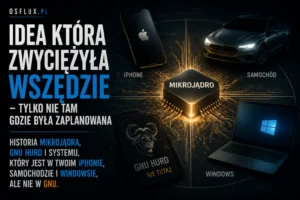 W 1992 roku Andrew Tanenbaum — profesor informatyki z Amsterdamu, twórca systemu MINIX — napisał na grupie Usenet zdanie które przeszło do historii: "Linux jest przestarzały". Jego argument był techniczny i brzmiał przekonująco: Linus Torvalds budował monolityczne jądro w stylu lat 70., podczas gdy cały postęp badań nad systemami operacyjnymi zmierzał w kierunku mikrojądra. Tanenbaum miał rację co do architektury. Mylił się co do wszystkiego innego. Ta debata — znana dziś jako Tanenbaum-Torvalds debate — była tak naprawdę starciem dwóch wizji przyszłości systemów operacyjnych. Wizja mikrojądra była elegancka, teoretycznie lepsza i poparta dekadą badań akademickich. Wizja monolitu była pragmatyczna, szybka i działała teraz, nie za kilka lat. Trzydzieści lat później mikrojądro wygrało — tylko nie w miejscu gdzie miało wygrać. Jest w każdym iPhonie, w każdym nowym samochodzie, w sercu Windows NT. Jest wszędzie. Tylko nie w GNU, gdzie zostało zaplanowane. Carnegie Mellon i pomysł który zmienił wszystko Żeby zrozumieć GNU Hurd, trzeba najpierw zrozumieć czym jest mikrokernel i dlaczego w latach 80. wszyscy poważni badacze systemów operacyjnych uważali że to jest przyszłość. Tradycyjne jądro systemu operacyjnego — monolityczne — to jeden wielki kawałek kodu działający z najwyższymi uprawnieniami. Zarządza procesami, pamięcią, systemem plików, sterownikami urządzeń, siecią. Wszystko w jednym miejscu. Wadą jest oczywista: jeden błąd w sterowniku karty dźwiękowej może zabrać ze sobą cały system. Niebieski ekran śmierci w Windows przez lata był właśnie tym. Mikrokernel to inne podejście. Jądro robi absolutne minimum — zarządza procesami, pamięcią i komunikacją między procesami. Nic więcej. Sterowniki urządzeń, system plików, stos sieciowy — wszystko to działa jako oddzielne procesy w przestrzeni użytkownika. Jeśli sterownik zawiedzie, ginie tylko sterownik. Reszta systemu działa dalej. Na Uniwersytecie Carnegie Mellon w Pittsburghu Richard Rashid i jego zespół przez lata 80. rozwijali Mach — prototypowe mikrojądro które stało się punktem odniesienia dla całej branży. Mach udowodnił że idea działa. Wyniki badań były fascynujące. Stabilność, izolacja błędów, możliwość uruchamiania wielu różnych systemów operacyjnych na tym samym jądrze. Akademicy byli przekonani że przyszłość należy do mikrojądra. Microsoft Windows Insider Richard Stallman był przekonany razem z nimi. GNU bez serca Stallman uruchomił projekt GNU w 1984 roku z jednym celem: stworzenie w pełni wolnego systemu operacyjnego kompatybilnego z Unixem. Do końca lat 80. projekt miał praktycznie wszystko — kompilator GCC, bibliotekę C, edytor Emacs, setki narzędzi systemowych. Brakowało jednej rzeczy. Jądra. Rozwój Hurd zaczął się w 1990 roku po porzuconym wcześniej podejściu z 1986 roku. Według Thomasa Bushnella — pierwszego architekta Hurd — oryginalny plan zakładał adaptację jądra 4.4BSD-Lite. Z perspektywy czasu Bushnell powiedział: "Teraz jest mi absolutnie oczywiste że to by się znakomicie udało i świat wyglądałby dziś zupełnie inaczej." Cyberwebspider Ale Stallman w 1987 roku zaproponował inne podejście. Mach z Carnegie Mellon był dostępny, był nowoczesny, był architektonicznie czysty. Zamiast adaptować BSD — budujemy na Machu. Oszczędzimy czas. Mach zrobi za nas większość roboty. Prace zostały opóźnione o trzy lata z powodu niepewności czy CMU wyda kod Macha na odpowiedniej licencji. Kiedy w końcu się zaczęły — napotkały na problem którego nikt w pełni nie przewidział. Cyberwebspider Mikrokernel Mach był elegancki w teorii. W praktyce komunikacja między procesami przez przesyłanie wiadomości — zamiast bezpośrednich wywołań funkcji — była dramatycznie wolna. IPC było wielokrotnie wolniejsze niż wywołania funkcji. Monolityczne jądro mogło wywołać funkcję systemu plików bezpośrednio. Mikrokernel musiał wysyłać wiadomości między procesami, angażując wiele przełączeń kontekstu. Wydajność była często pięć do dziesięciu razy gorsza. Microsoft Windows Insider Hurd utknął. Lata mijały, system nie był gotowy. Nie do użytku produkcyjnego, nie do zastąpienia Linuksa jako fundament GNU. Stallman przyznał wprost: "Biorę pełną odpowiedzialność za decyzję techniczną żeby rozwijać jądro GNU na bazie Macha — decyzję która jak się wydaje była odpowiedzialna za powolność developmentu. Myślałem że użycie Macha przyspieszy pracę oszczędzając nam dużą jej część. Myliłem się." Pureinfotech W 2025 roku, na FOSDEM, główny opiekun projektu Samuel Thibault przedstawił roadmapę z konkretnym i ambitnym celem — dostarczenie wsparcia dla 64-bitowego x86_64 do 2026 roku. To miałoby być największe techniczne osiągnięcie w czterdziestoletniej historii projektu. Projekt nadal żyje. Nadal nie nadaje się do codziennego użytku. Nadal jest "prawie gotowy". Windows Central QNX — mikrokernel który po cichu podbił przemysł Podczas gdy GNU Hurd tkwił w architektonicznych problemach Macha, dwie osoby w Kanadzie robiły z mikrojądrem to samo — tylko że działało. Gordon Bell i Dan Dodge zbudowali QNX w 1980 roku jako czysty mikrokernel od zera. Nie na bazie akademickiego prototypu — własna implementacja, od początku zaprojektowana pod kątem wydajności i deterministycznego czasu odpowiedzi. QNX rozwiązał problem wolności IPC przez precyzyjne projektowanie protokołów komunikacyjnych i scheduler który gwarantował czasy odpowiedzi z nanosekundową precyzją. Efekt był odwrotny od Hurd. Mikrokernel który działał — i który działał tam gdzie inne systemy sobie nie radziły. Fabryki, systemy telekomunikacyjne, aparatura medyczna, reaktory jądrowe. Wszędzie tam gdzie "zazwyczaj działa" nie wystarczyło. Różnica między QNX a Hurd sprowadza się do jednej kwestii: QNX nie próbował być czystym akademickim mikrojądrem za wszelką cenę. Był pragmatycznym mikrojądrem zaprojektowanym żeby działać w realnym świecie z realnymi ograniczeniami. Hurd przez lata gonił architektoniczną doskonałość kosztem ukończenia projektu. Steve Jobs, NeXT i Mach który trafił do każdego iPhone'a W 1985 roku Steve Jobs opuścił Apple i założył NeXT. Budował komputery dla uczelni i naukowców — drogie, piękne, z systemem operacyjnym który miał być fundamentalnie nowoczesny. Wybór jądra był oczywisty: Mach z Carnegie Mellon. NeXTSTEP, wydany w 1989 roku, był zbudowany na jądrze Mach 2.5 z podsystemem BSD Unix na wierzchu. Ale NeXTSTEP nie był czystym mikrojądrem z serwerami w przestrzeni użytkownika. Zamiast tego kod BSD został zintegrowany w przestrzeń adresową jądra dla wydajności. To była kluczowa decyzja: wziąć architekturę Macha, jego abstrakcje i mechanizmy IPC, ale zrezygnować z radykalnej separacji procesów która powodowała problemy z wydajnością. gHacks Tech News Hybryda. Nie czyste mikrojądro, nie monolitu — coś pomiędzy. Kiedy Apple kupił NeXT w 1997 roku za 429 milionów dolarów i Jobs wrócił do Apple, NeXTSTEP stał się fundamentem nowego systemu operacyjnego. Darwin, otwartoźródłowy fundament macOS, zawiera jądro XNU — skrót od "X is Not Unix". Computerworld XNU jest hybrydowym jądrem łączącym Mach 2.5 z Carnegie Mellon z komponentami BSD i API dla sterowników napisanym w C++ nazwanym I/O Kit. Działa na ARM64 i x86-64. Jest podstawą macOS, iOS, iPadOS, watchOS, tvOS i visionOS. Gadget Review Każdy iPhone który trzymasz w dłoni ma w środku Mach — ten sam Mach z Carnegie Mellon który Stallman wybrał dla GNU Hurd w 1987 roku. Tyle że Apple zbudował na nim działający system operacyjny używany przez miliardy ludzi, a GNU Hurd pracuje nad wsparciem 64-bit. Windows NT i hybryda którą zna każdy Dave Cutler dołączył do Microsoftu w 1988 roku. Za sobą miał VMS — system operacyjny dla minikomputerów DEC VAX który był wzorcem stabilności i projektowania. Microsoft dał mu zadanie: zbuduj nowy Windows od zera. Nie evolution DOS-a — prawdziwy nowoczesny system. Jądro Windows NT zostało zaprojektowane jako zmodyfikowany mikrokernel — było pod wpływem mikrojądra Mach z Carnegie Mellon, ale nie spełnia wszystkich kryteriów czystego mikrojądra. Tech2Geek Projekt Windows NT zawierał wiele tych samych celów co Mach — strukturę jako zbiór modułów komunikujących przez dobrze zdefiniowane interfejsy, małe mikrojądro ograniczone do podstawowych funkcji jak obsługa przerwań, szeregowanie wątków i prymitywy synchronizacji. Inne wspólne cele to wsparcie dla różnych architektur i jądro z abstrakcjami wystarczająco ogólnymi żeby pozwolić na implementację wielu osobowości systemu operacyjnego na wierzchu. Both.org Ale — podobnie jak Apple z XNU — Cutler nie poszedł w czysty mikrokernel. Powodem dla którego NT nie jest systemem mikrojądra jest to że większość komponentów systemowych działa w tej samej przestrzeni adresowej co jądro, jak w projekcie monolitycznym. W typowym monolitycznym projekcie nie byłoby mikrojądra per se, ale jądro implementowałoby zbliżoną funkcjonalność. Both.org Wynik: hybryda która wzięła elegancję architektury mikrojądra — izolację modułów, komunikację przez interfejsy, Hardware Abstraction Layer — i połączyła z wydajnością monolitu. Windows NT trafił do produkcji w 1993 roku. Stał się fundamentem wszystkich późniejszych wersji Windows: 2000, XP, Vista, 7, 8, 10, 11. Każdy Windows który kiedykolwiek uruchomiłeś po 1993 roku ma w środku echo Macha z Carnegie Mellon. Idea wygrała. Projekt przegrał. Jest w historii mikrojądra pewna filozoficzna ironia której nie sposób przeoczyć. Richard Stallman wybrał Mach bo wierzył że to właściwa architektura. Miał rację. Mach jest w każdym iPhonie, w każdym macOS, w Windows NT, w QNX który steruje Twoim samochodem. Mikrojądro — lub jego hybryda — jest architekturą która zwyciężyła w najważniejszych systemach operacyjnych na świecie. Tyle że nie w GNU, gdzie miało zwyciężyć. Linux — ten "przestarzały monolitu" który Tanenbaum krytykował w 1992 roku — napędza dziś 90% serwerów w internecie, każdego Androida, większość superkomputerów, systemy wbudowane od routerów po telewizory. Linux wygrał rynek przez pragmatyzm i tempo, nie przez elegancję architektury. GNU Hurd po trzydziestu czterech latach developmentu wciąż nie nadaje się do codziennego użytku. Stallman powiedział w jednym z wywiadów że "zajęło wiele, wiele, wiele lat żeby ten jądro w ogóle uruchomić, a nadal nie działa dobrze, i wygląda na to że mogą być fundamentalne problemy z tym projektem których nikt nie znał w 1990 roku." Pureinfotech To jest lekcja którą historia systemów operacyjnych powtarza raz za razem: doskonała architektura która nie trafia do użytkowników przegrywa z niedoskonałą architekturą która działa jutro. CP/M przegrał z DOS-em. OS/2 przegrał z Windows. GNU Hurd przegrywa z Linuksem od 1991 roku. A mikrojądro Mach — ta czysta, elegancka idea z Carnegie Mellon — żyje w każdym urządzeniu które masz w kieszeni. Tylko pod innymi nazwami i z innymi kompromisami niż Stallman planował. Czasem masz rację co do pomysłu i przegrywasz wojnę. Czasem twój pomysł wygrywa wszędzie — tylko nie u ciebie.