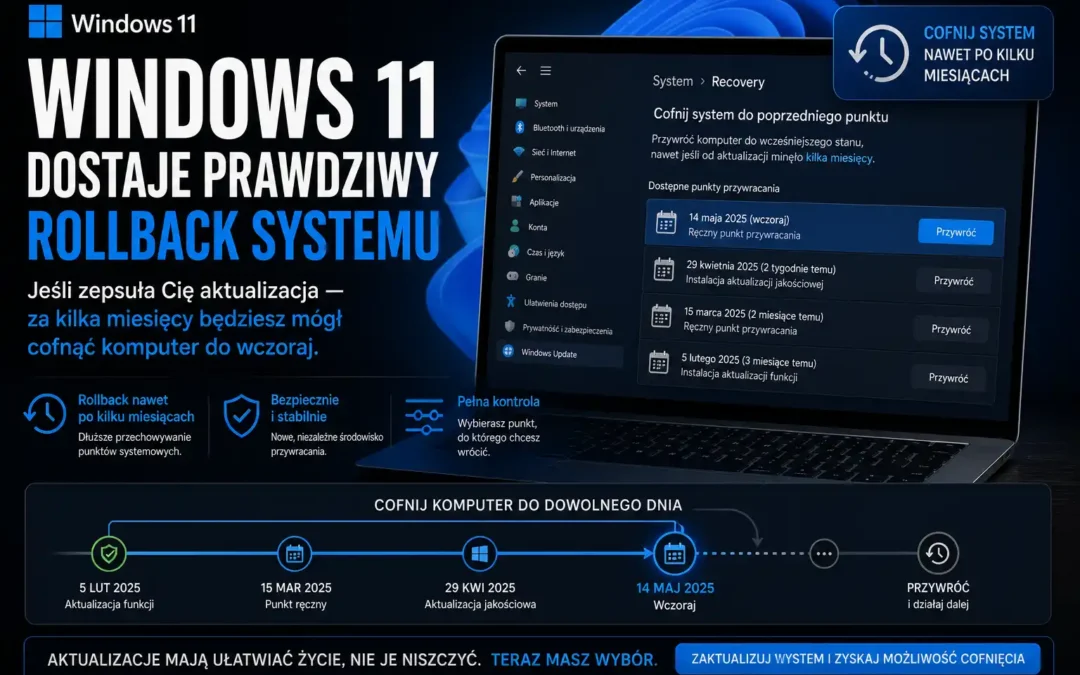 Windows 11 dostaje prawdziwy rollback systemu. Jeśli zepsuła Cię aktualizacja — za kilka miesięcy będziesz mógł cofnąć komputer do wczoraj.