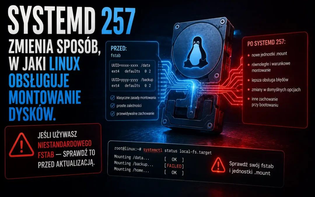 systemd 257 zmienia sposób w jaki Linux obsługuje montowanie dysków. Jeśli używasz niestandardowego fstab — sprawdź to przed aktualizacją.