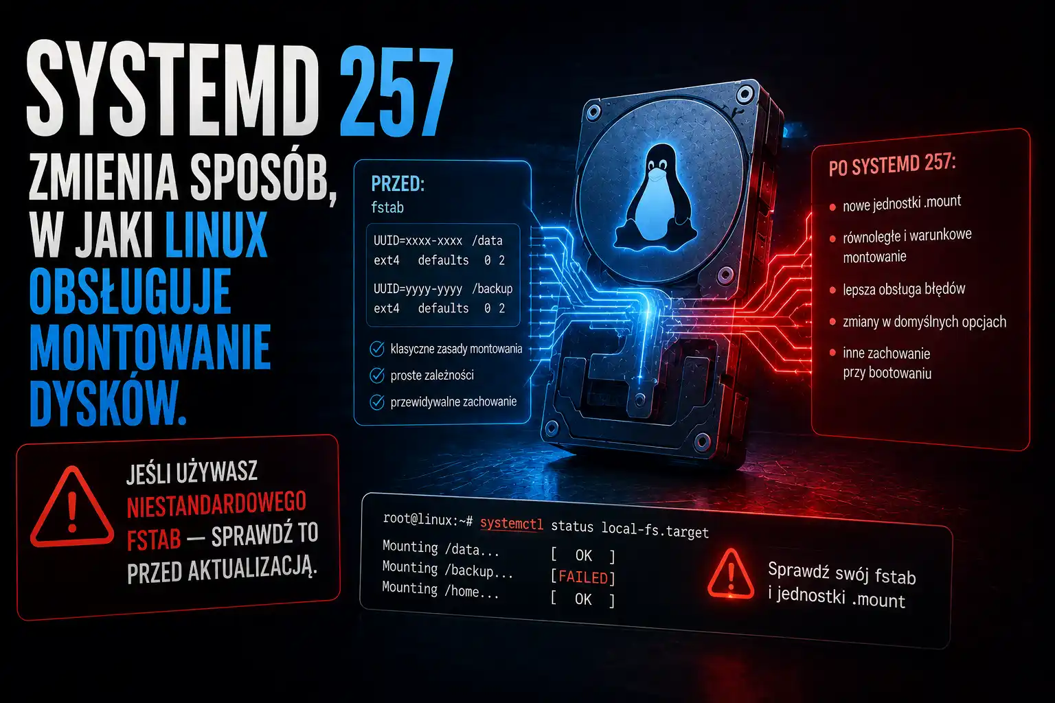 systemd 257 zmienia sposób w jaki Linux obsługuje montowanie dysków. Jeśli używasz niestandardowego fstab — sprawdź to przed aktualizacją.