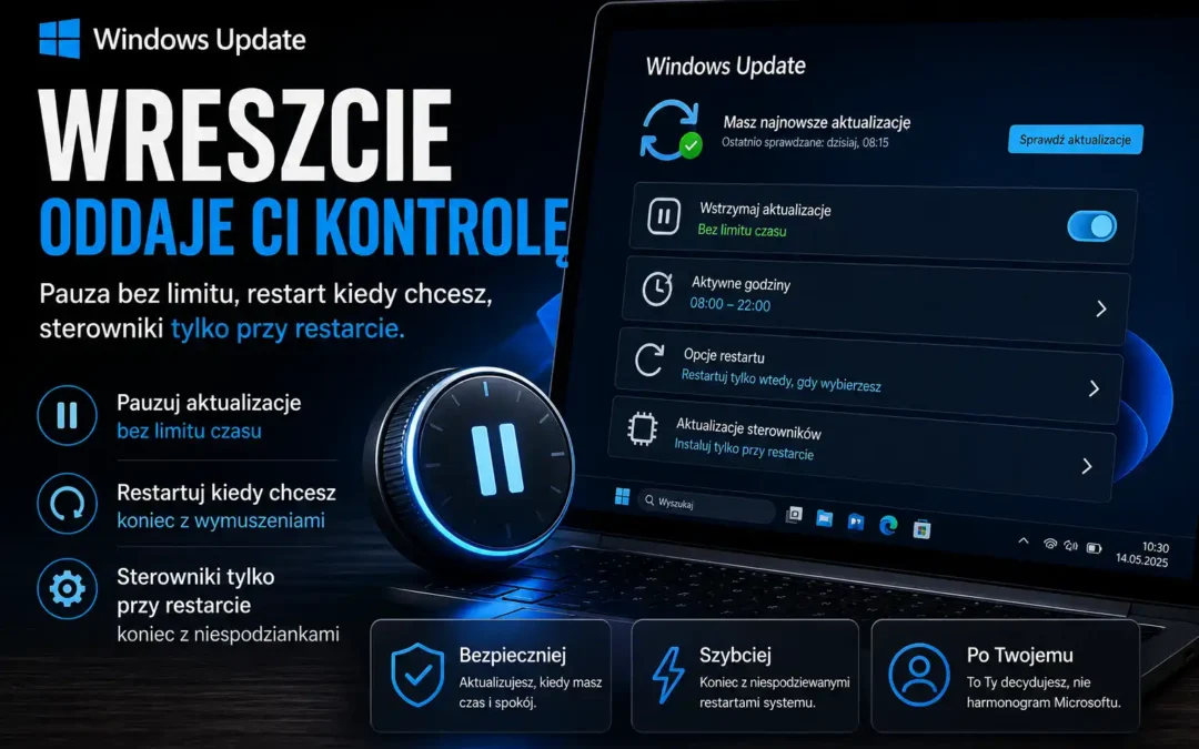 Windows Update wreszcie oddaje Ci kontrolę. Pauza bez limitu, restart kiedy chcesz, sterowniki tylko przy restarcie.