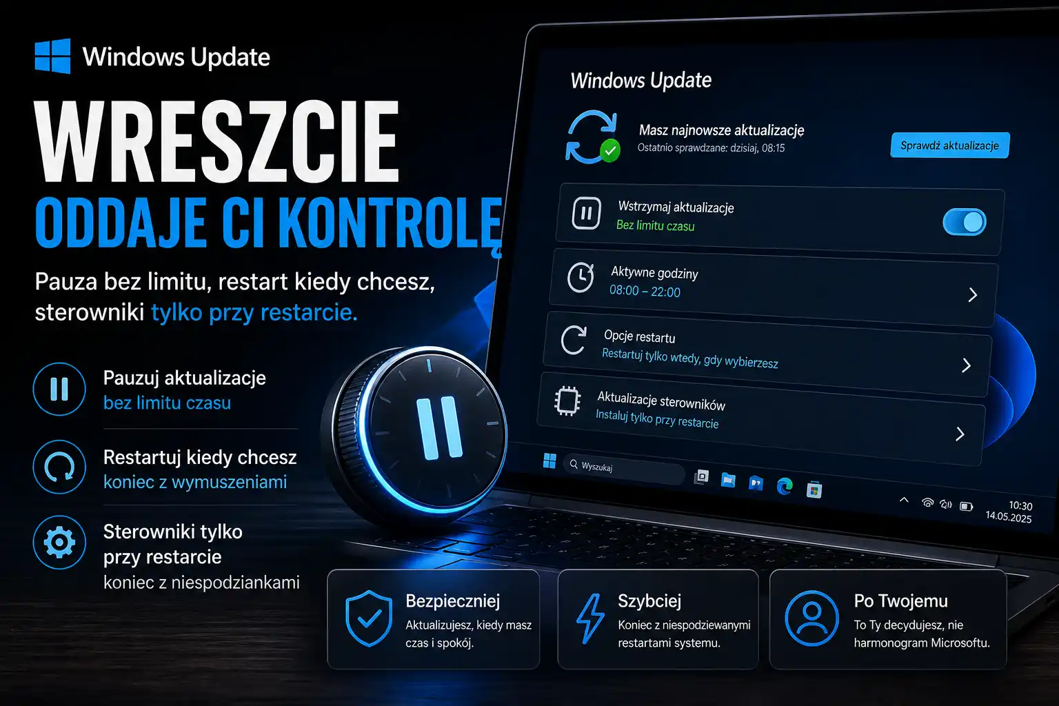 Windows Update wreszcie oddaje Ci kontrolę. Pauza bez limitu, restart kiedy chcesz, sterowniki tylko przy restarcie.
